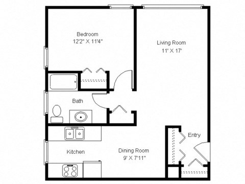 Floor plan for 1 bed, 1 bath, 637 sqft